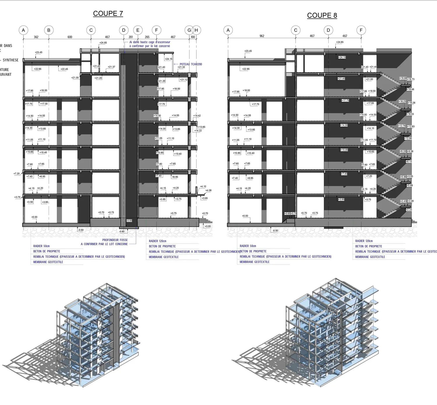 Coupes d'immeuble et ossature 3D